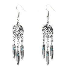 Vintage Tribal Feathers Antique Silver Turquoise Dream Catcher Dangle Earrings