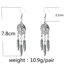 Vintage Tribal Feathers Antique Silver Turquoise Dream Catcher Dangle Earrings